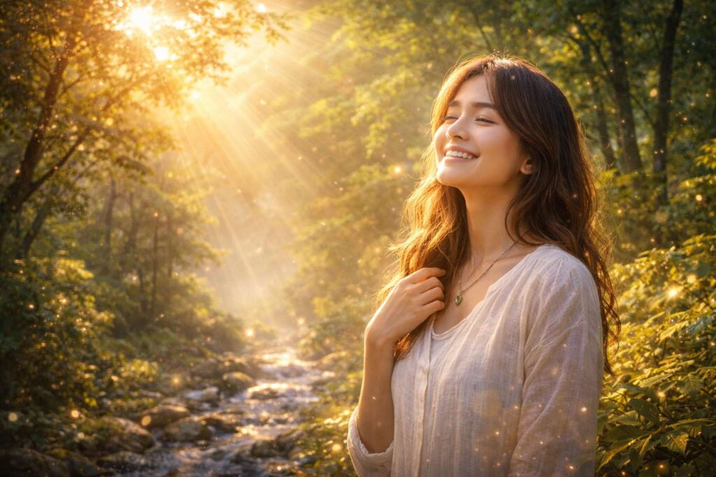 森の中で微笑む人物と優しい光が共鳴する情景