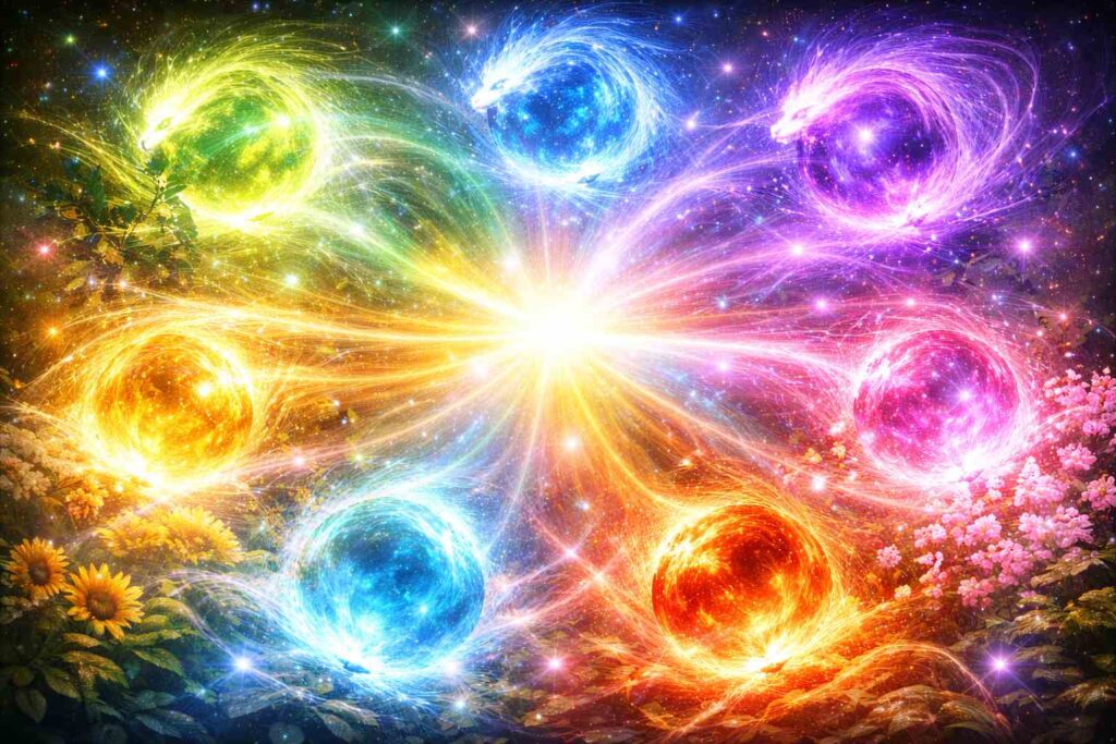 七色のシンボリックなエネルギーが集まる抽象的なイメージ