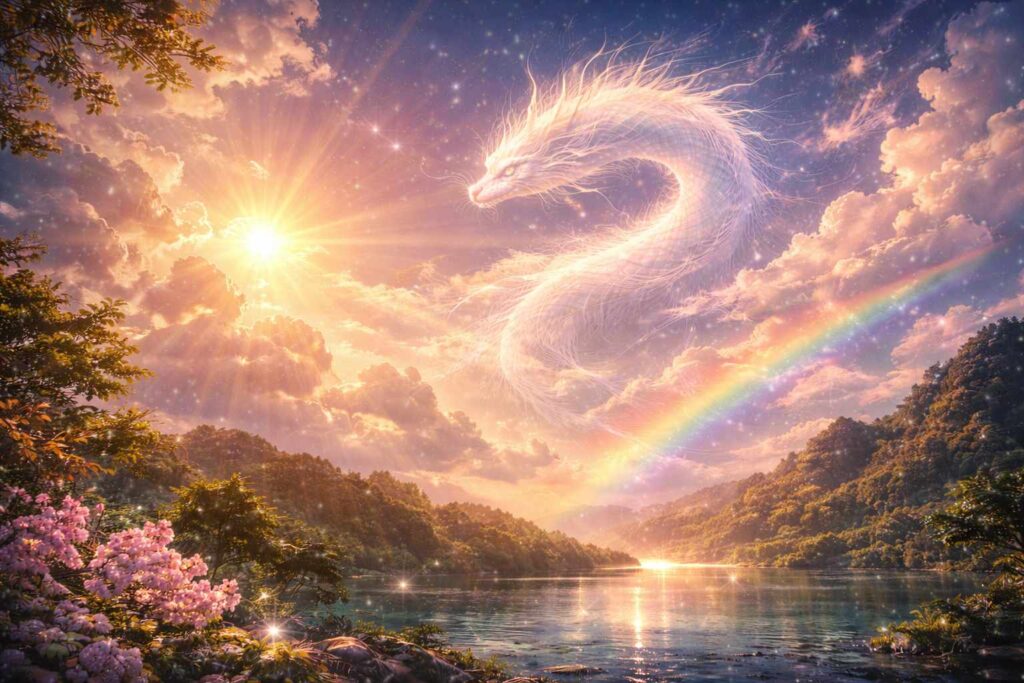 龍の形に見える雲や光の層が織りなす幻想的な空