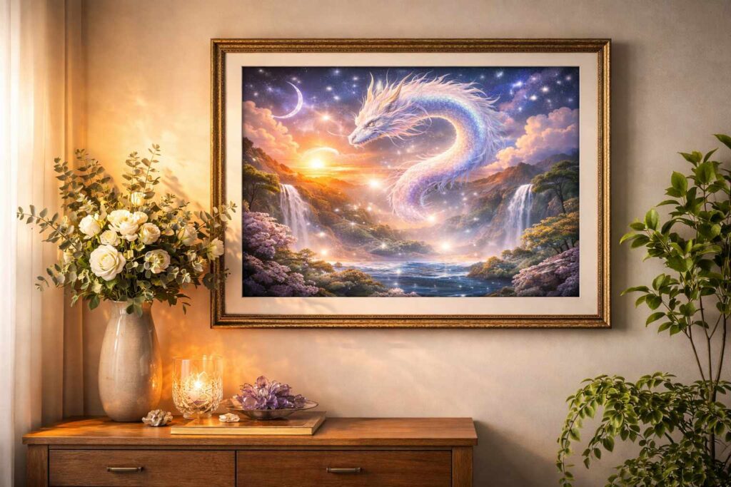 室内に飾られた守護龍アート作品と温かな光