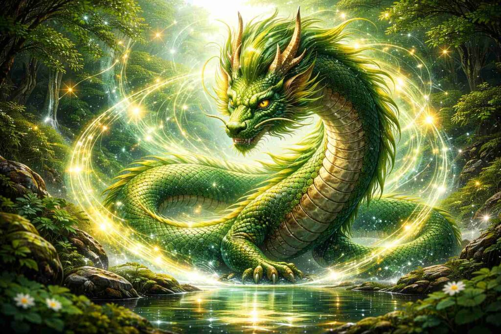 緑龍スピリチュアル意味を象徴する光に包まれた緑の龍のイラスト