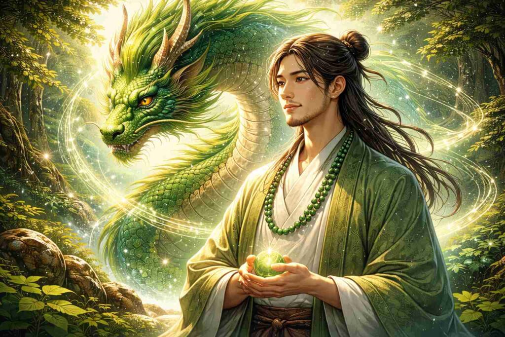 穏やかな人物の背後に緑龍の気配がある表現