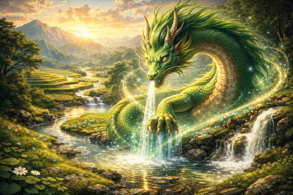 緑龍神の能力を表現した自然を整える緑の龍のイラスト