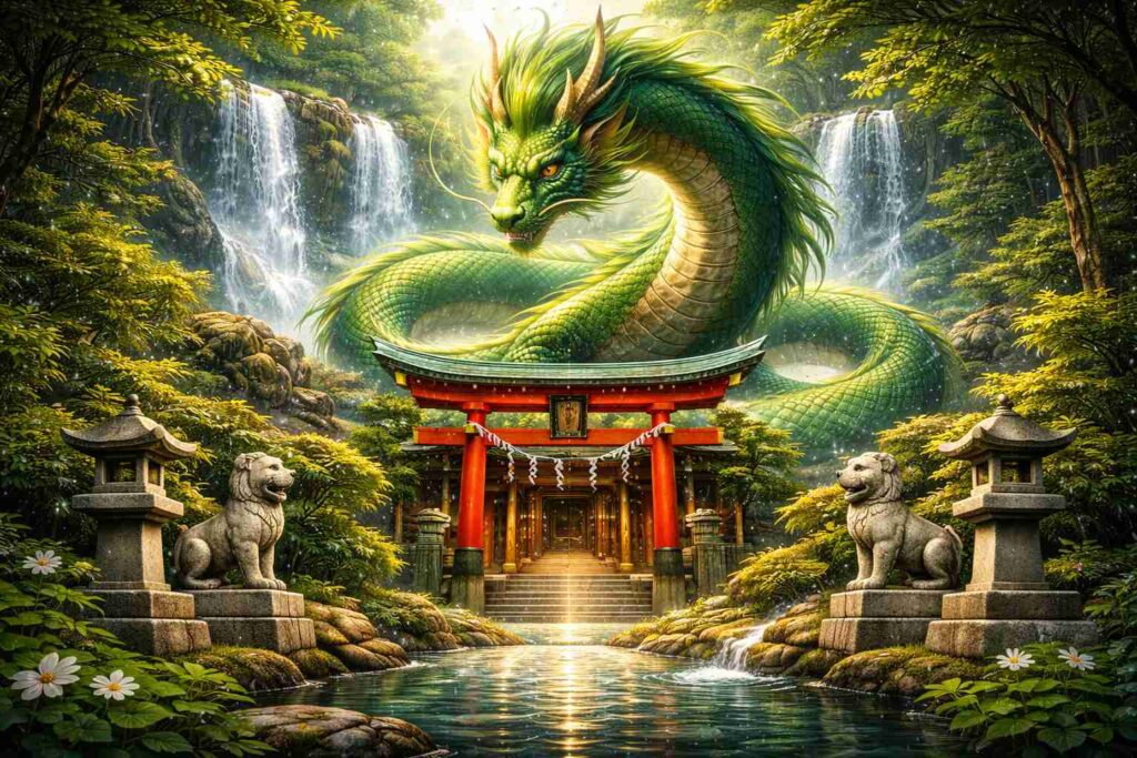 緑龍神社と龍のパワーが強い神社を象徴する緑龍と神社のイラスト