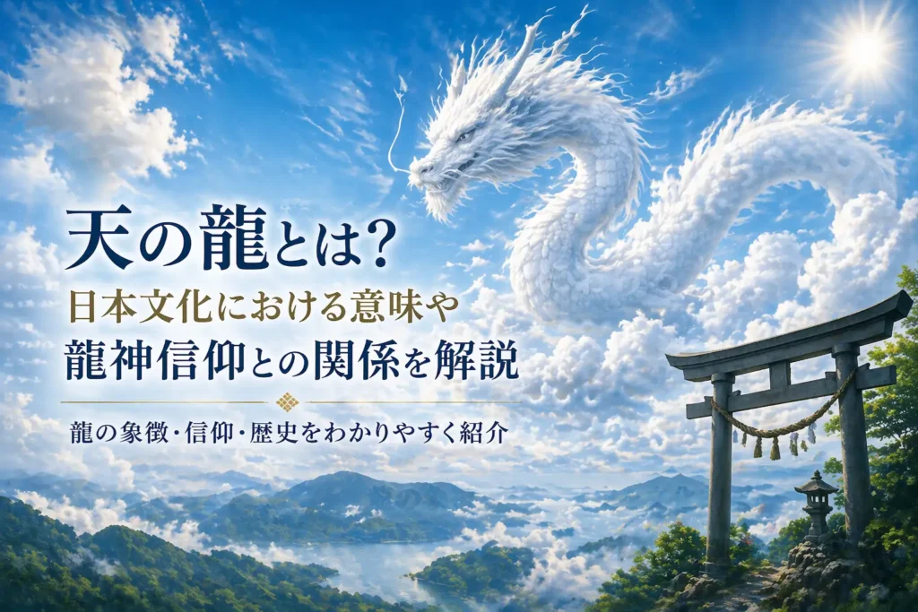 雲の中を舞う白い龍と鳥居の風景｜天の龍の意味と日本文化における龍神信仰を解説