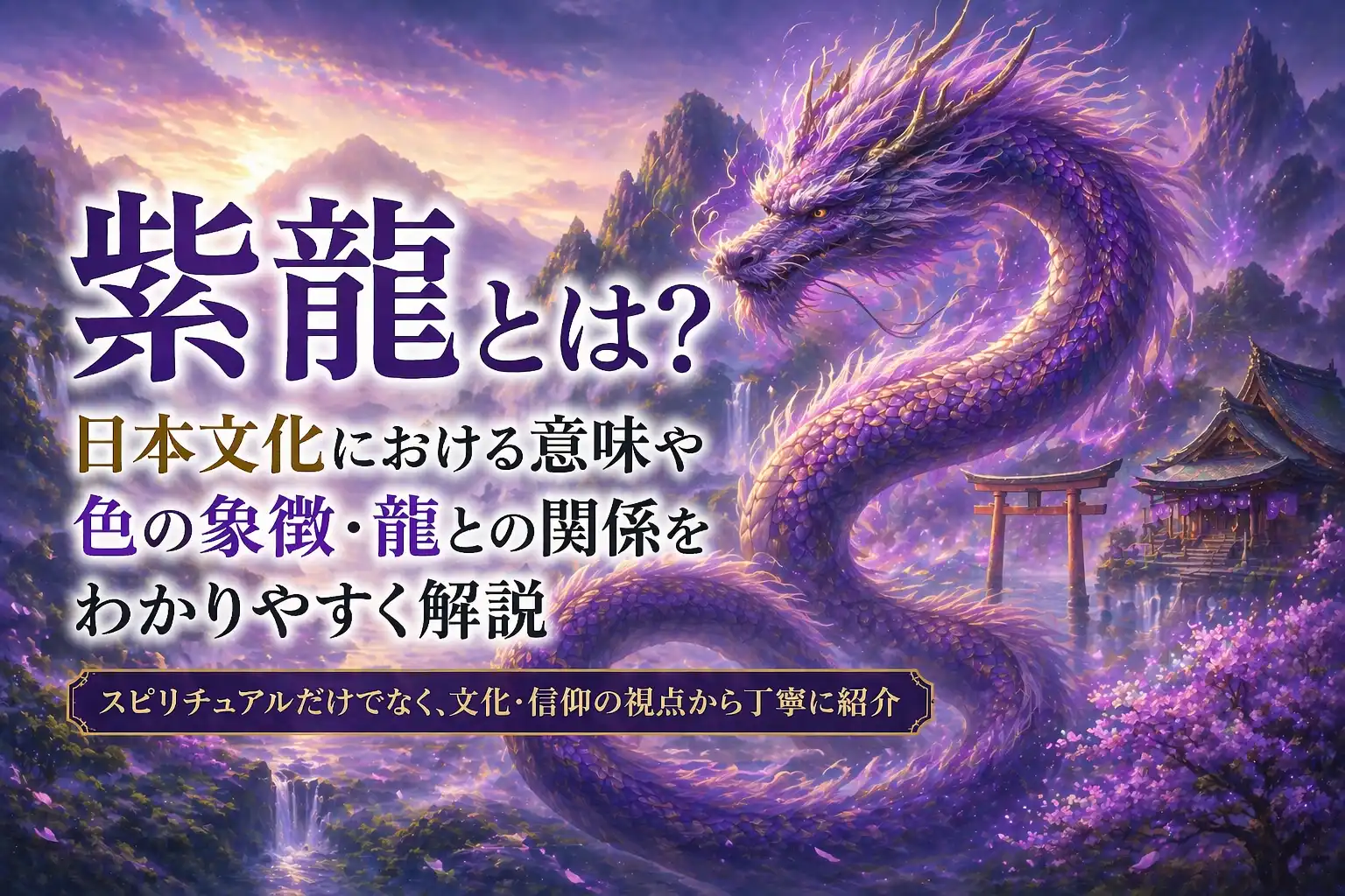 alt="紫色の龍と神社の風景イメージ｜紫龍の意味と日本文化における色の象徴や龍との関係を解説"
