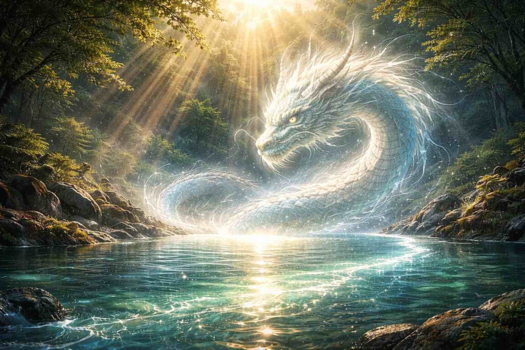 水面に差し込む光で表現した龍神の象徴的エネルギー