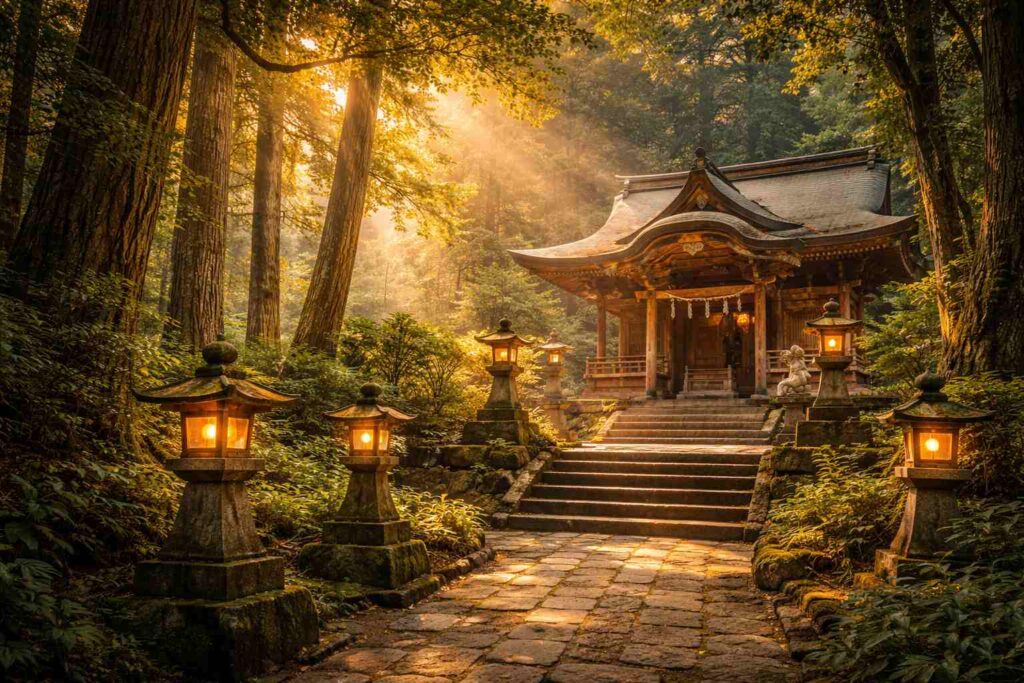 森に囲まれた神社で表現する龍神信仰の象徴