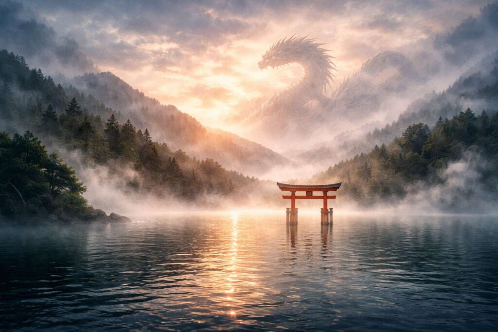 九頭竜とは何かを神話と信仰の視点で表現した水辺と龍のイメージ