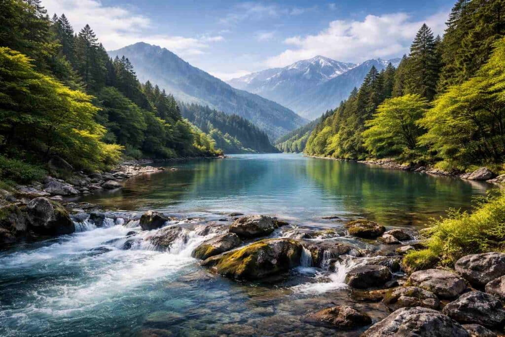 九頭竜川や九頭龍湖の名前の由来を感じさせる日本の水辺風景