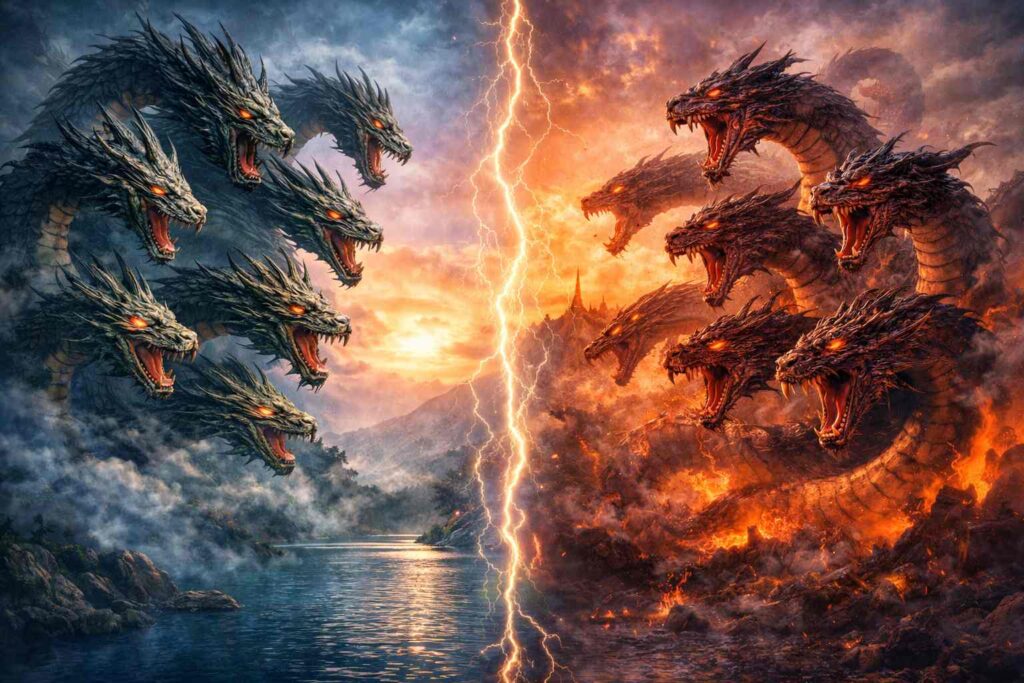 九頭竜とヤマタノオロチの違いを比較した神話的イメージ