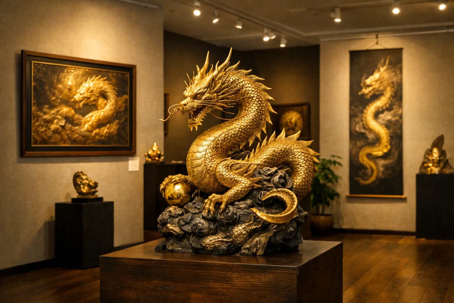 ゴールドをテーマにした展示会で展示される金龍作品とアートギャラリー空間のイメージ