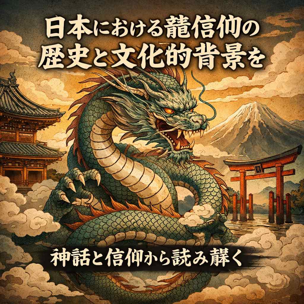 日本における龍信仰の歴史と文化的背景を表現した龍と神社のイラスト