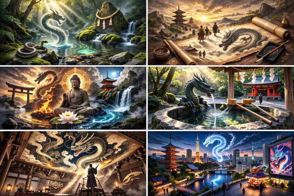 日本における龍信仰の歴史的成り立ちを表現した自然信仰と水と龍のイメージ