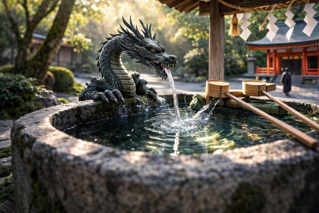 神社の手水舎や社殿装飾に見られる龍と水の象徴的な関係を表したイメージ