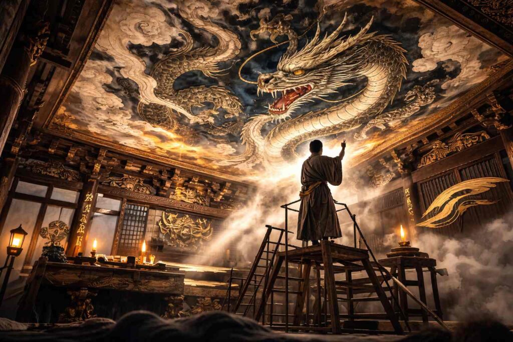 寺院や神社の天井画や彫刻に描かれた龍の文化的意味を表現したイメージ