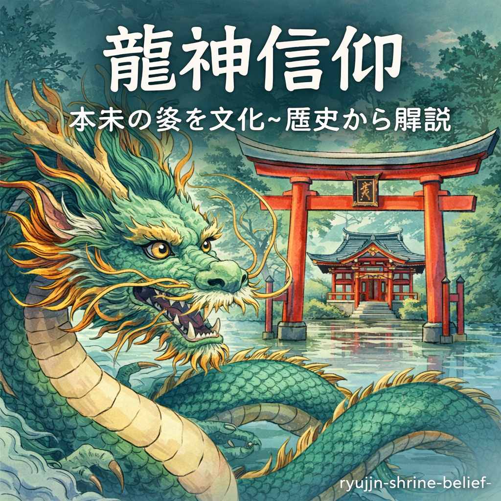 神社と龍神を描いたイラスト。日本の龍神信仰を文化と歴史の視点から表現したビジュアル