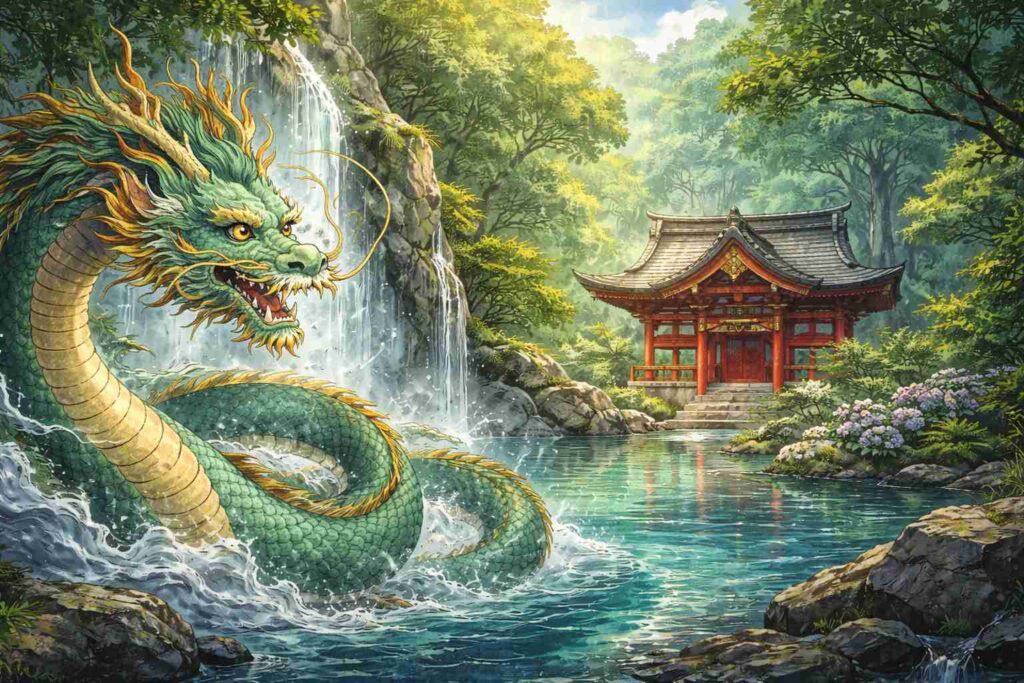 日本の神社と龍を描いたイラスト。龍神が水や自然を象徴する存在であることを表現している