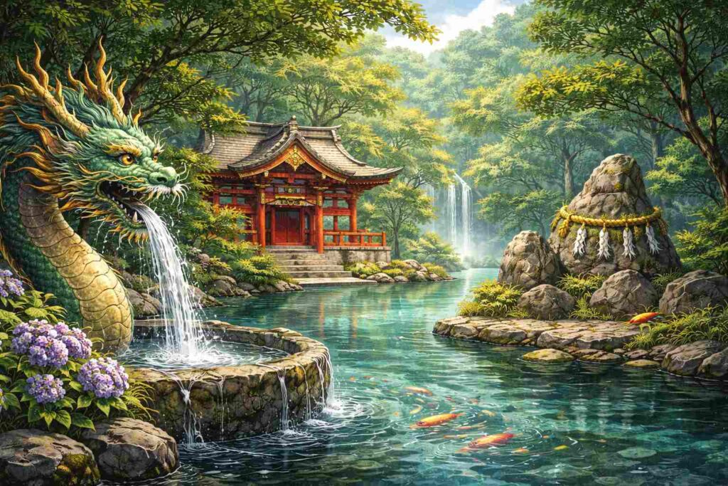 水辺に建つ神社と龍の彫刻。水神や地主神と龍神の関係性を表すイメージ