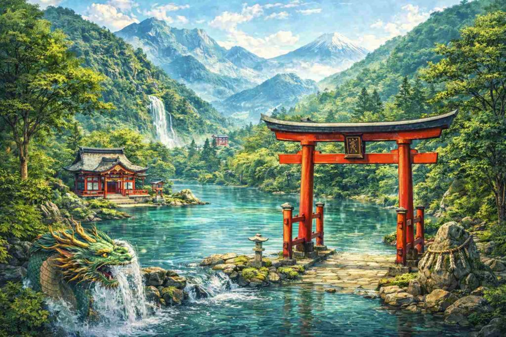 山や川に囲まれた日本の神社風景。全国に龍神信仰が広がった背景を表している