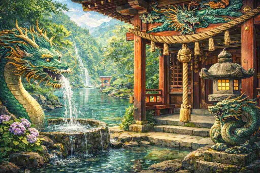 神社境内にある龍の彫刻や装飾。龍神が祀られている神社の特徴を示している