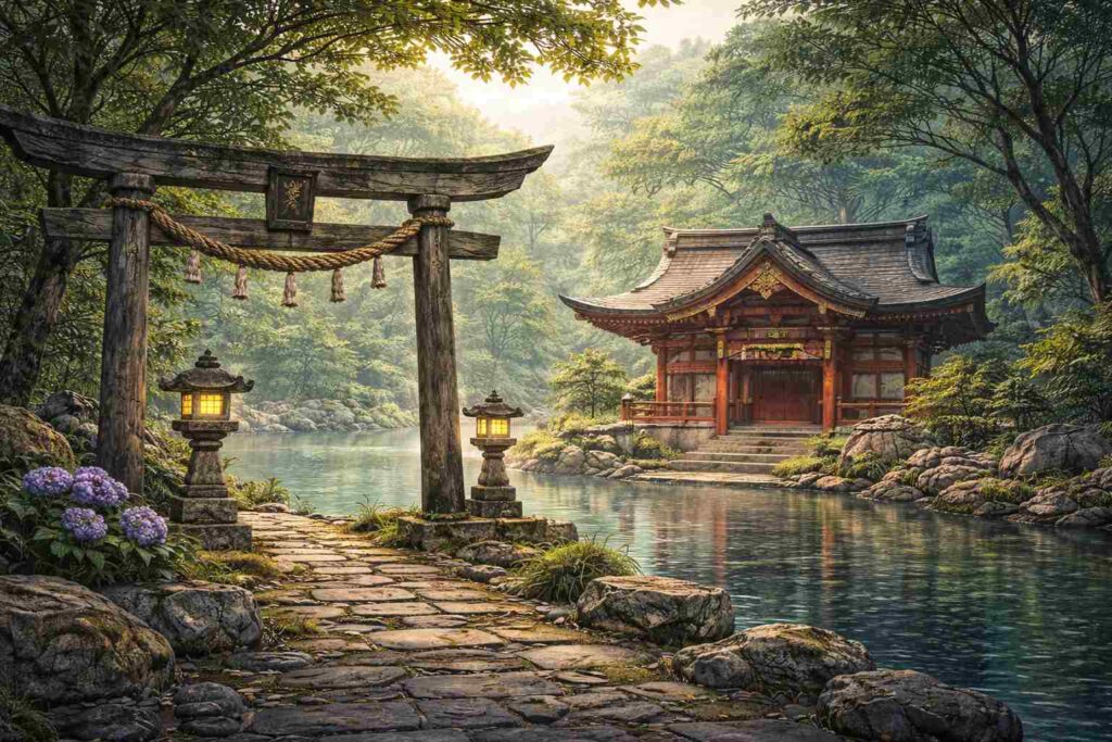 静かな神社の風景。龍神信仰を文化や知識として受け止める姿勢を表している