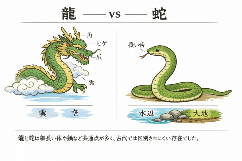 日本神話における龍と蛇の見た目の違い比較図