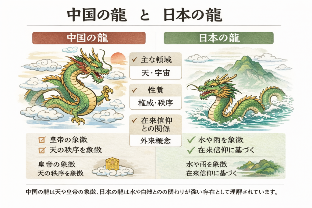中国の龍と日本の龍の特徴の違いを説明した図