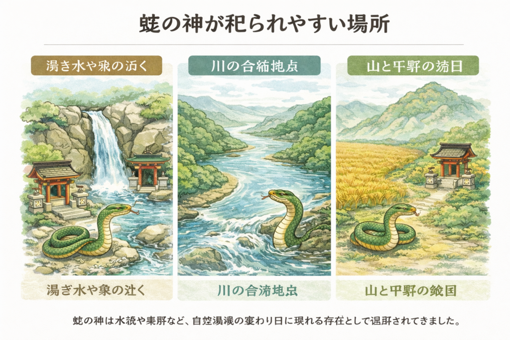 蛇の神が祀られやすい場所（湧き水・川の合流点・山の境界）