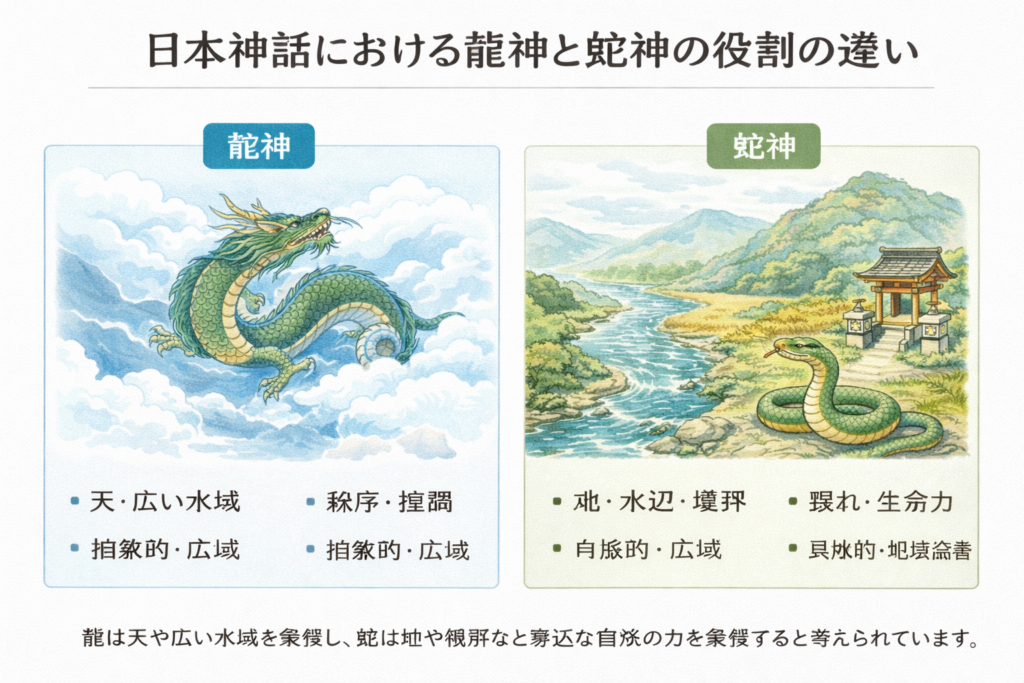 日本神話における龍神と蛇神の役割の違いをまとめた図