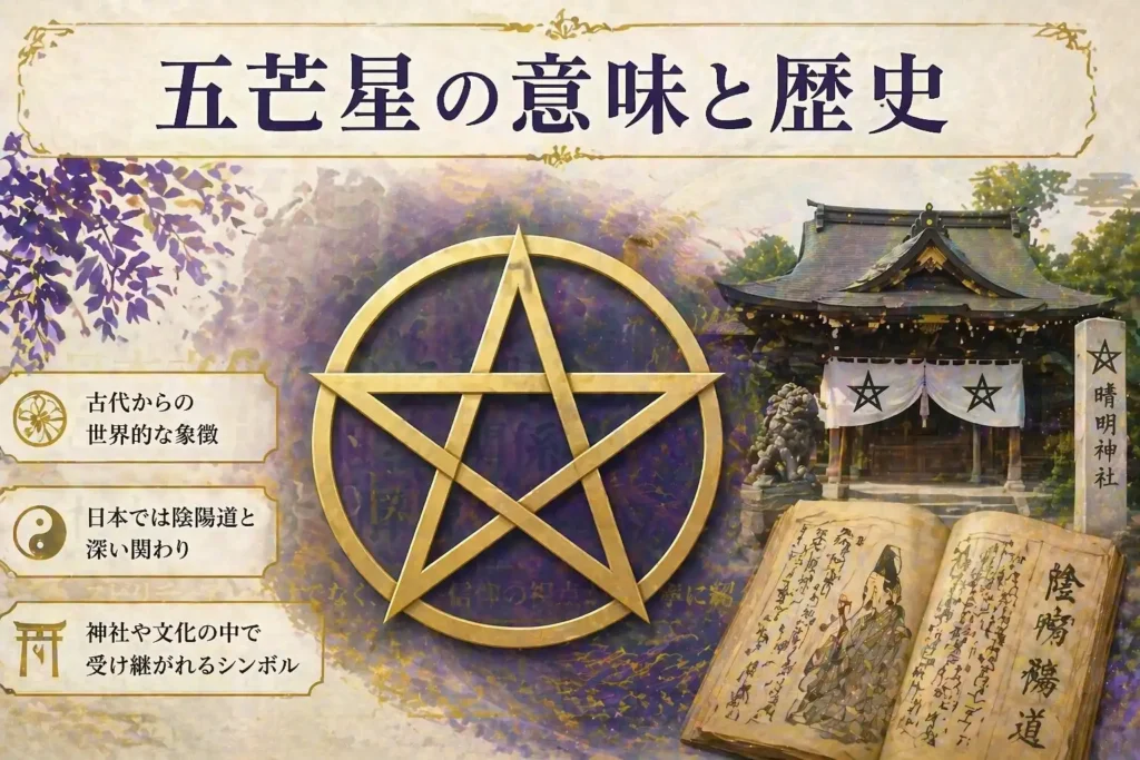 alt="五芒星の図形と神社・陰陽道のイメージ｜五芒星の意味や歴史と日本文化との関係を解説"