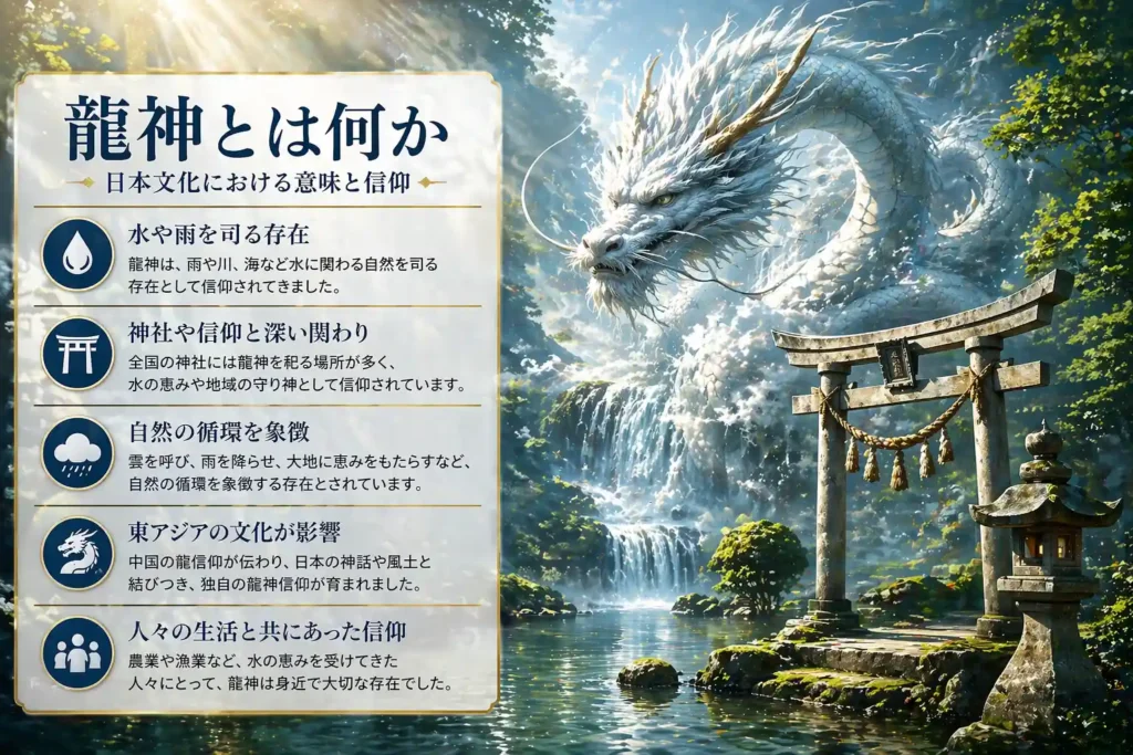 alt="龍神と滝・神社の風景イメージ｜水を司る存在としての意味や日本文化における龍神信仰を解説"