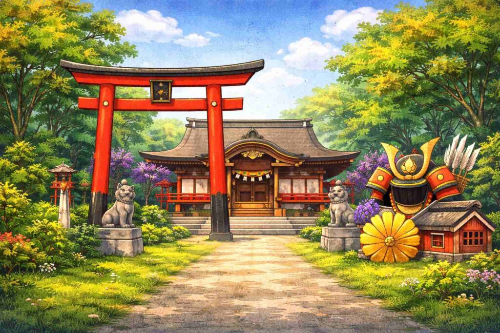 八幡宮の特徴を表したイラストで鳥居や社殿など八幡宮の代表的な外観と雰囲気がわかる画像