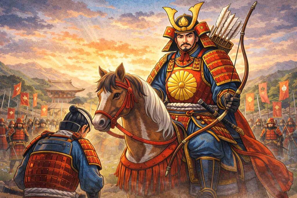 八幡神を表現したイラストで武士と鎧姿の神のイメージから勝負運や守護神としての特徴が伝わる画像