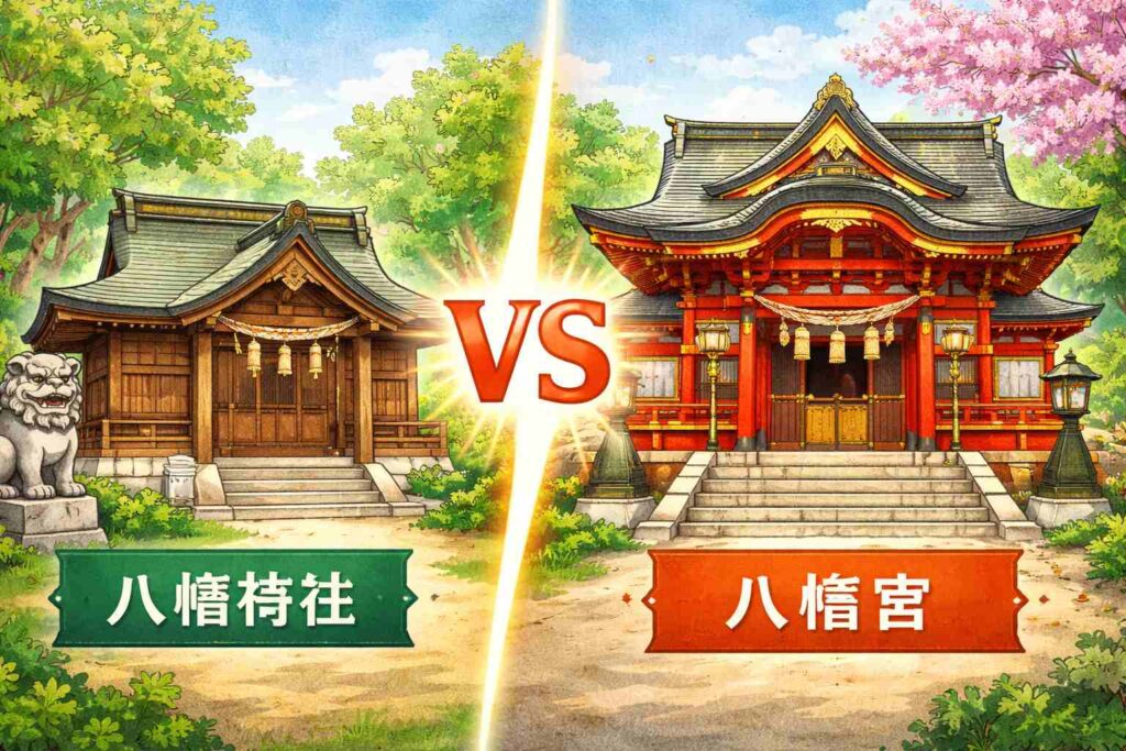 八幡神社と八幡宮の違いをわかりやすく比較したイメージ
