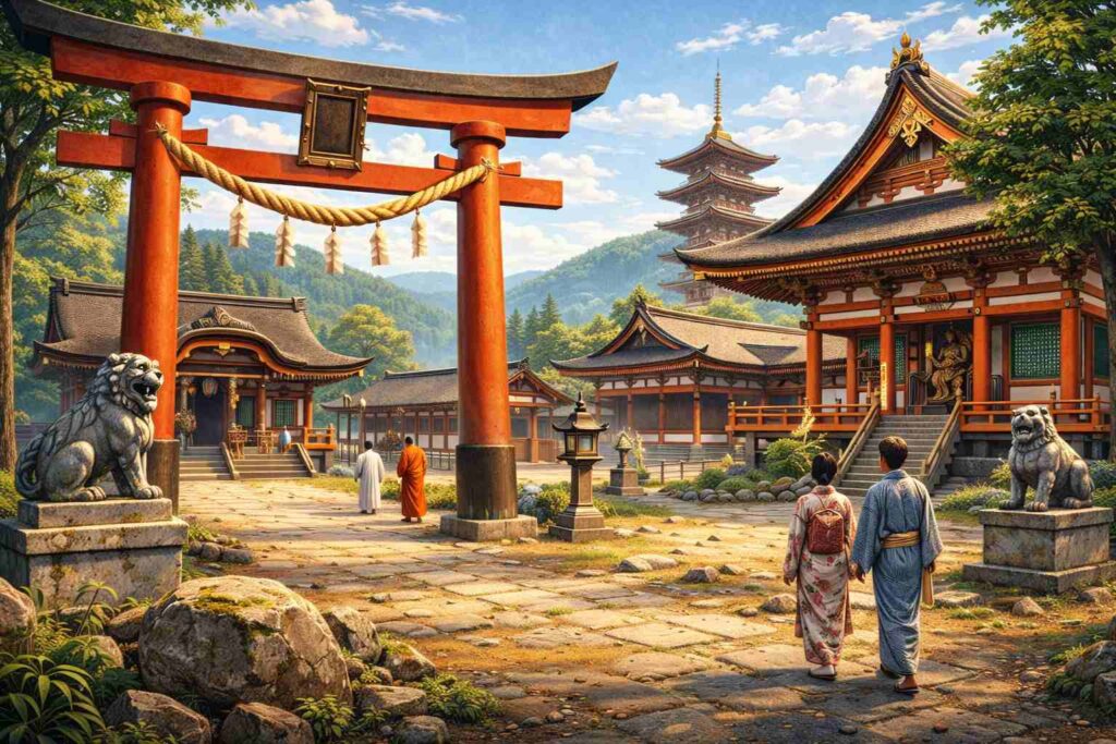 奈良時代の神社と伝統的な建築様式の風景