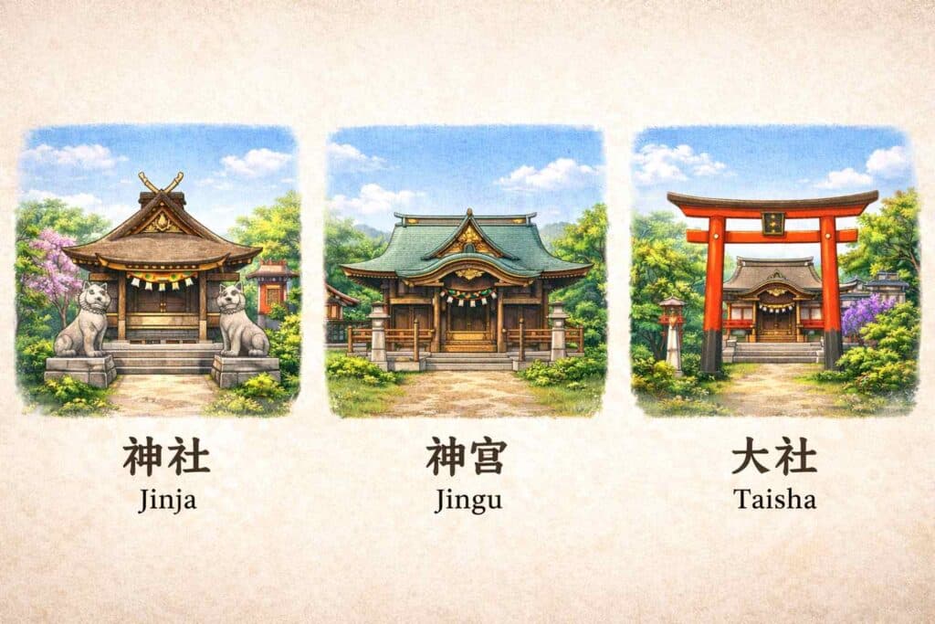 神社神宮大社の違いを比較したイラストでそれぞれの外観や特徴を並べて違いが視覚的に理解できる画像