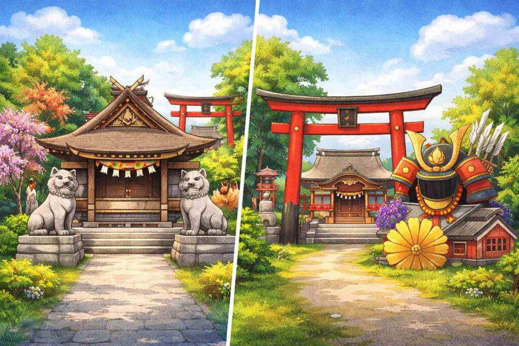 神社と八幡宮の違いを比較したイラストで一般的な神社と八幡宮の外観や特徴の違いを視覚的に表現した画像