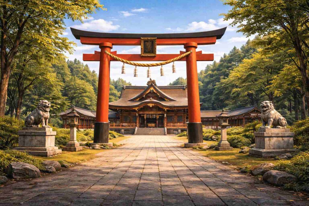 現代の神社の本殿や拝殿と鳥居のある風景