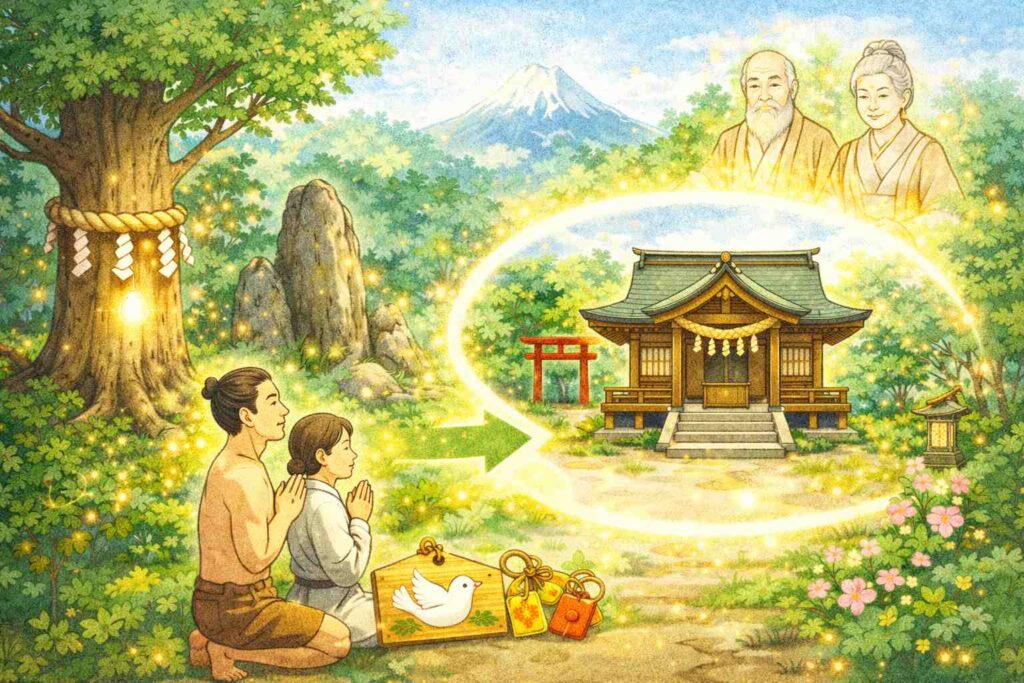 神社が自然信仰から生まれたことを表すイメージ