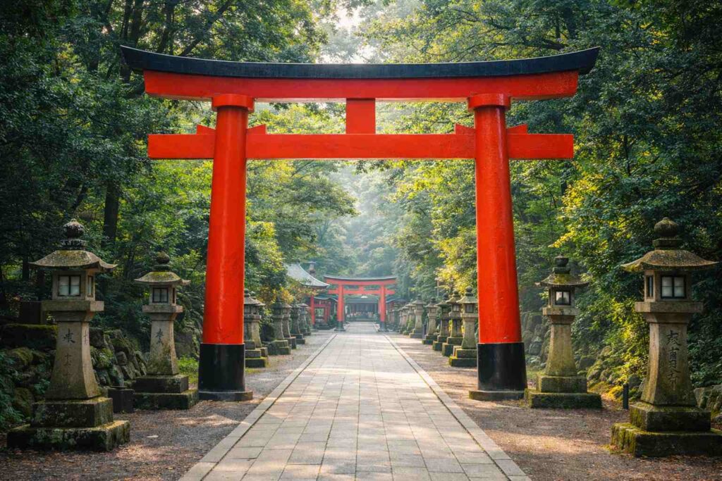 神社の入口に立つ鳥居と参道の風景