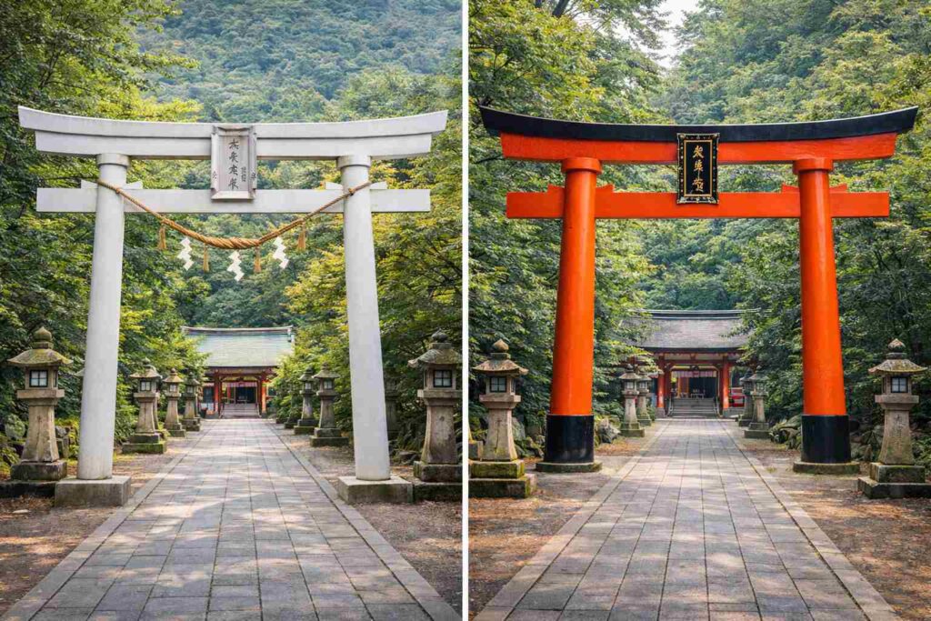 形の異なる鳥居を比較した神社の風景