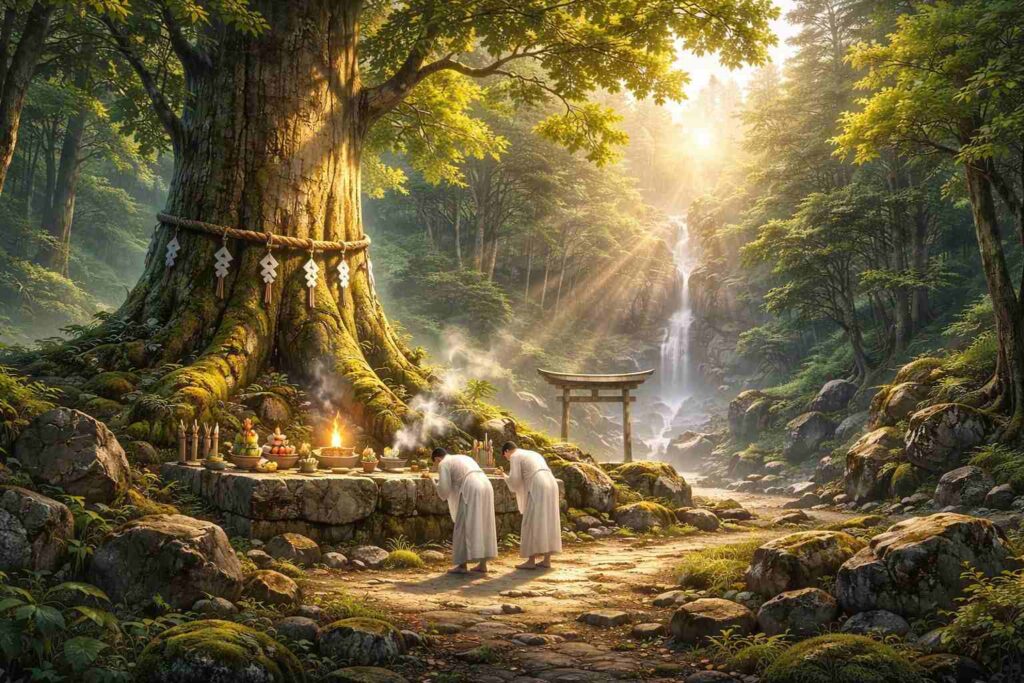 古代の神社の起源をイメージした自然と祈りの風景