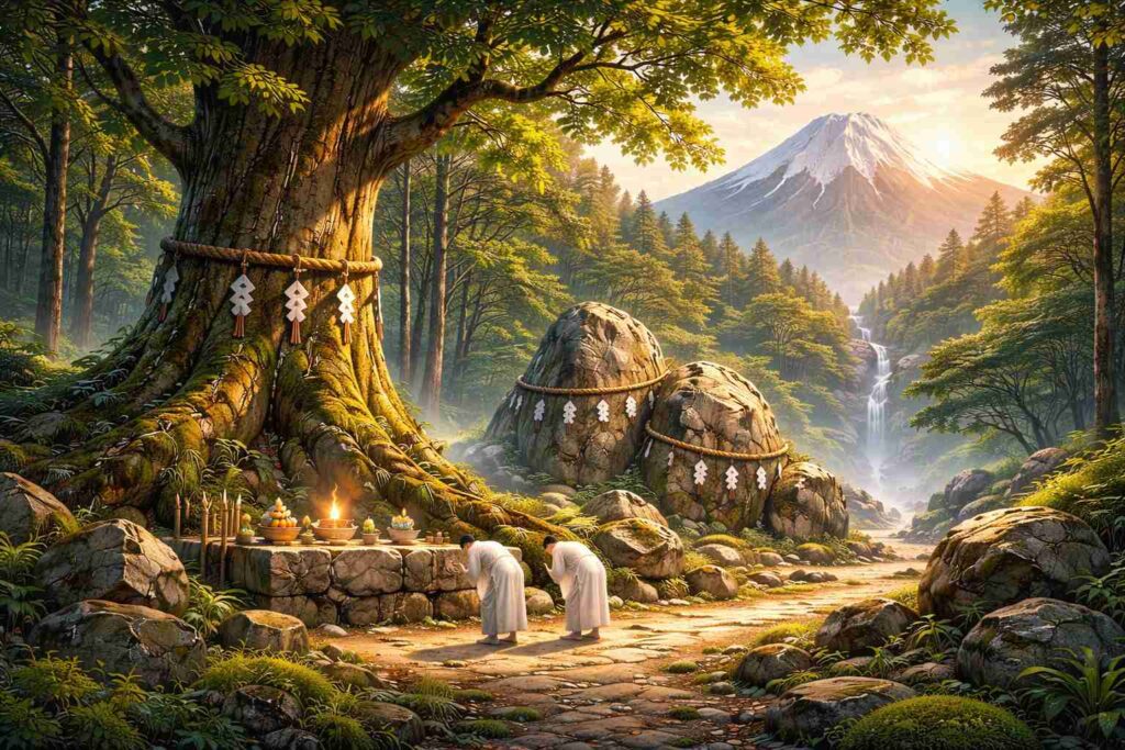 山や大木など自然を神として祀る古代の信仰のイメージ