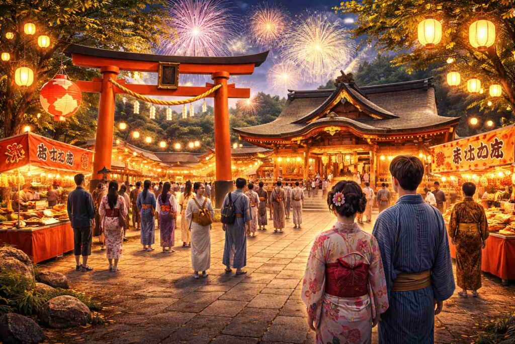 初詣や祭りでにぎわう神社と人々の様子