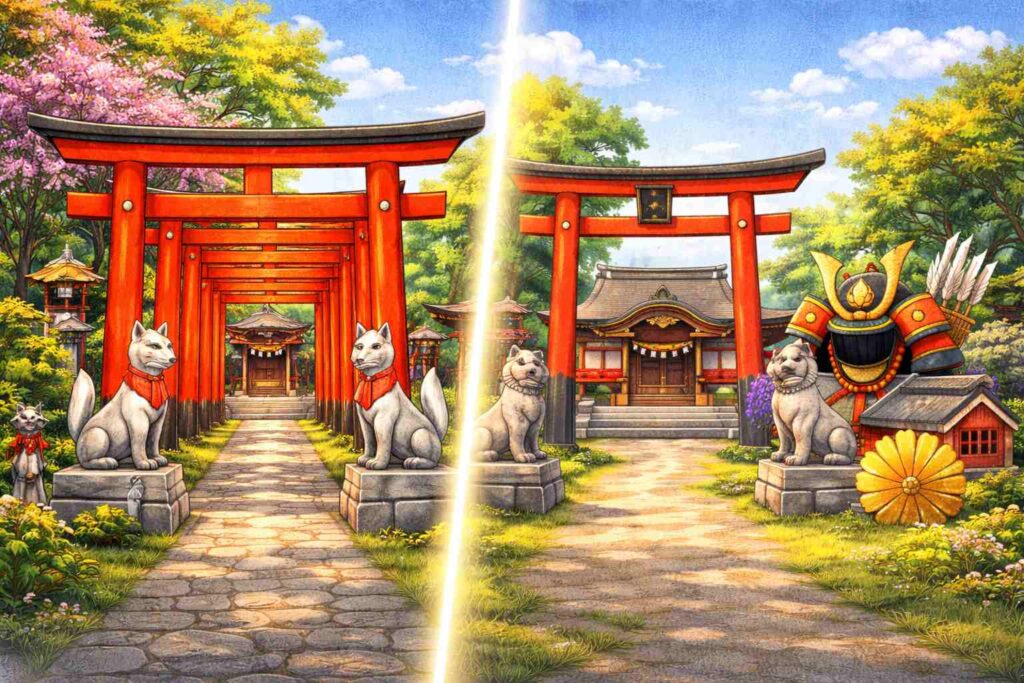 稲荷神社と八幡宮の違いを比較したイラストで赤い鳥居と狐像の稲荷神社と八幡宮の外観の違いがわかる画像