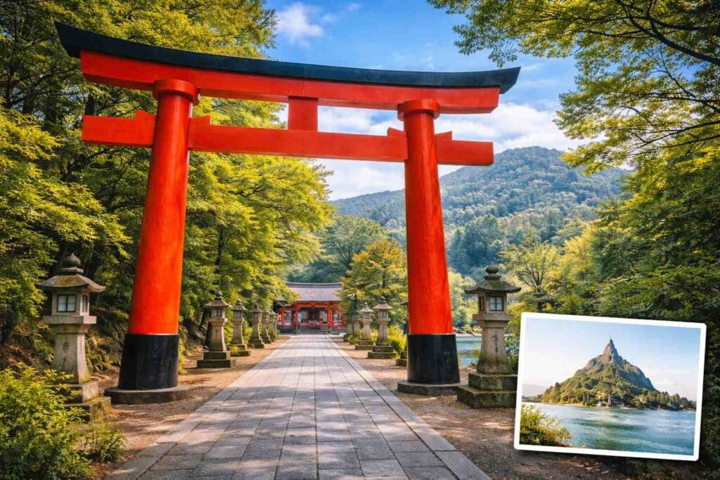 日本の神社にある鳥居と自然の風景
