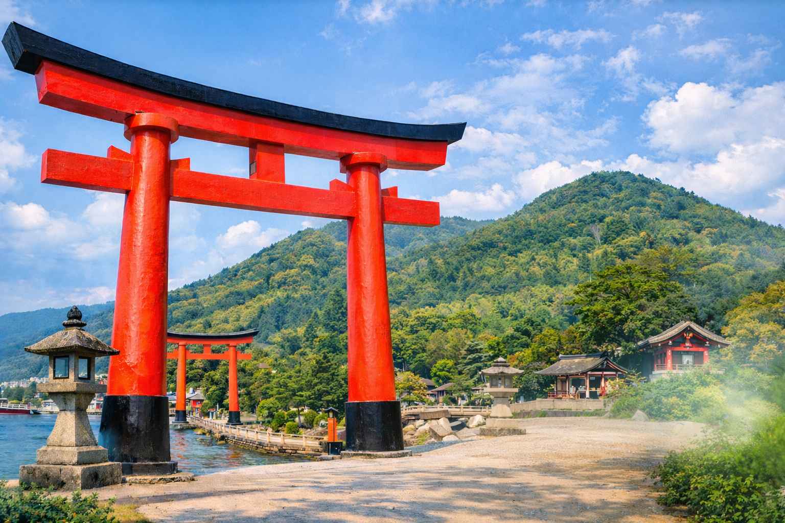 海辺に立つ赤い鳥居と神社の風景