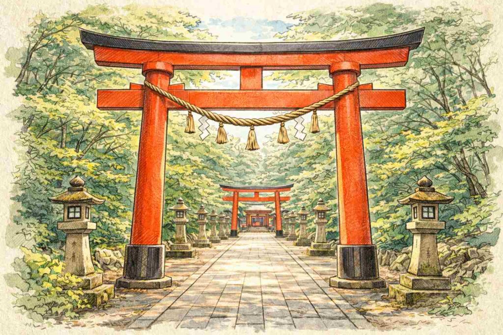赤い鳥居が並ぶ神社の美しい風景