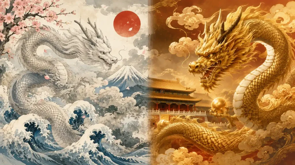 日本の龍と中国の龍の違いを比較したイラスト画像